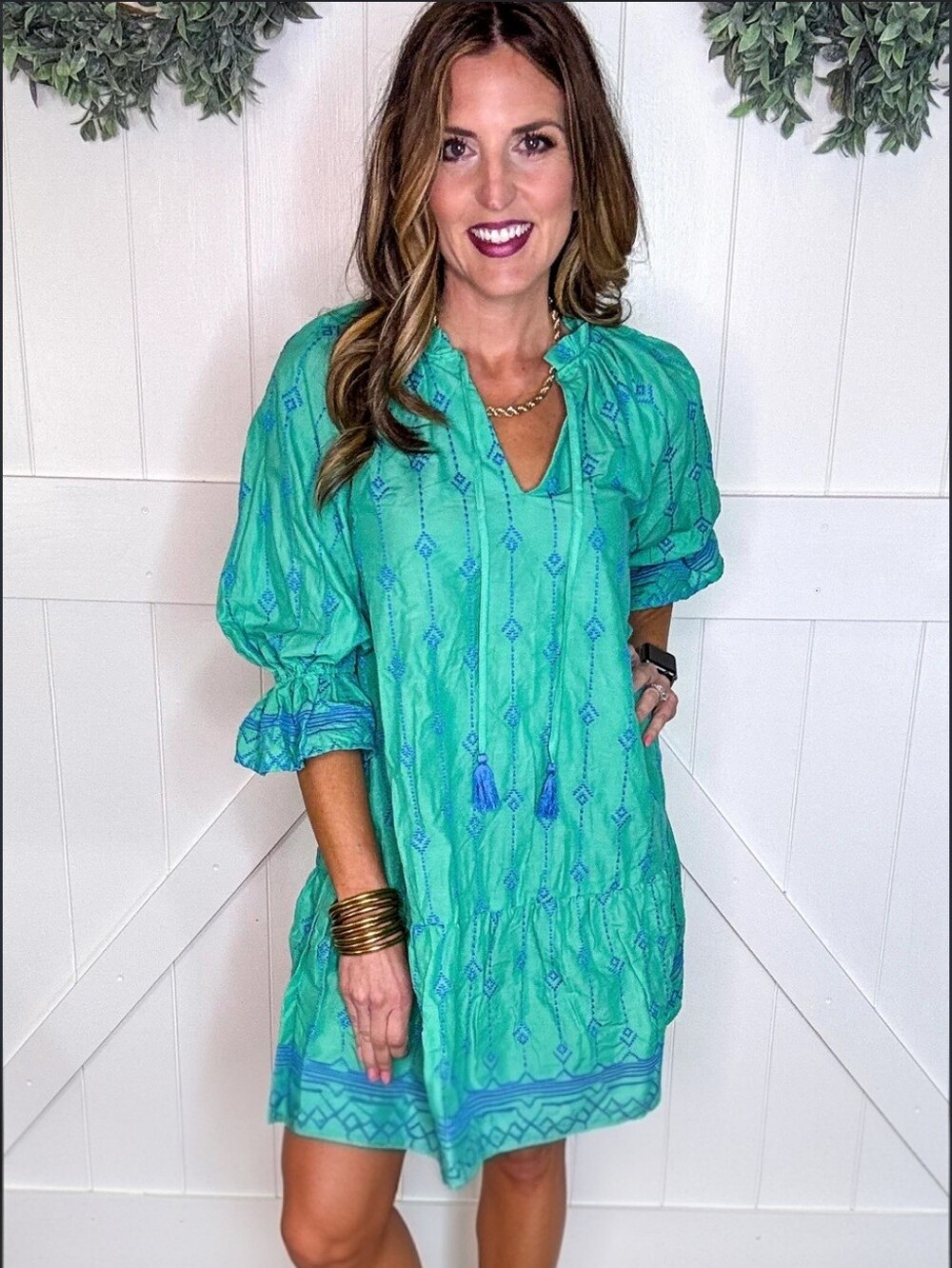 Umgee Lovie Embroidered Tassel Dress Green Blue Women's Size XL